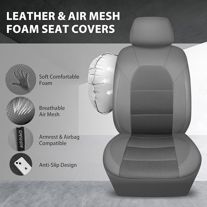 CAR PASS Leather Car Seat Covers Breathable Seat Cover Full Sets Airbag Compatible for Most Cars, SUVs, Trucks, and Vans (Full Set, Gray)