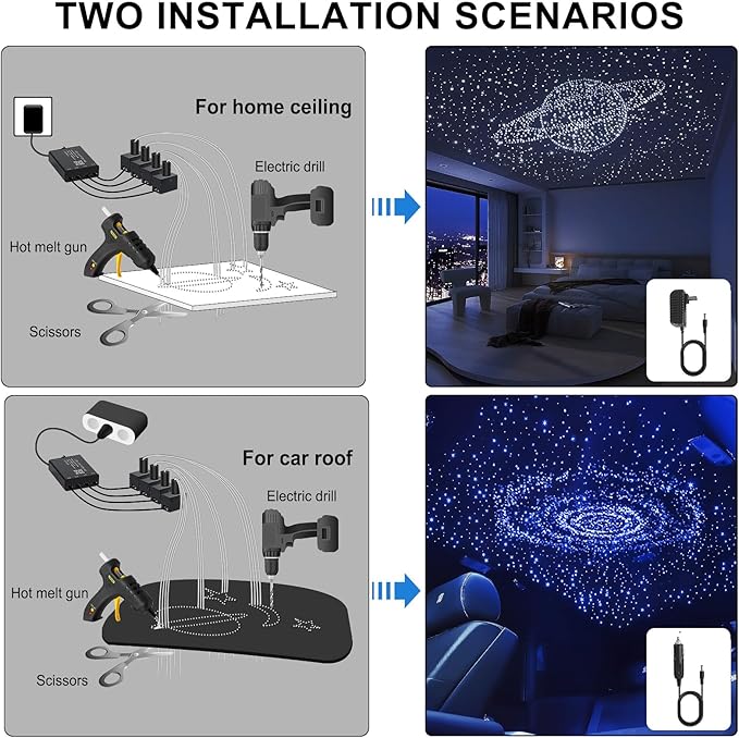 Split 4 Colors 12W Car Starlight Headliner Slim Kit 1000pcs*0.02in*9.8ft with APP&RF Remote,RGBW Fiber Optic Starlight Kit,4 Port Engine Sound Activated Star Lights for Ceiling Car Roof/Home Decor