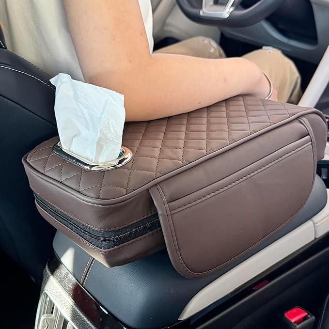 Upgraded Multi-Functional Car Center Console Cover, PU Leather Armrest Pad Cushion with Memory Foam Cushion, 2 Storage Pockets, Tissue Box Hole for Sedan Vehicles, 7 Colors (Coffee)