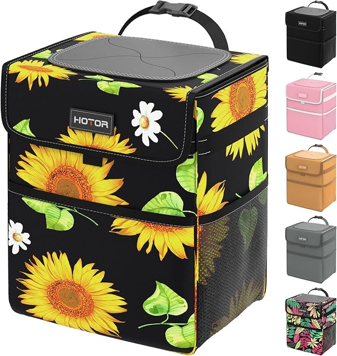 HOTOR Car Trash Can - Leakproof, Collapsible, 2 Gallon Capacity, Polyester Material, Sunflower Color, Fits Sedans, SUVs, Trucks