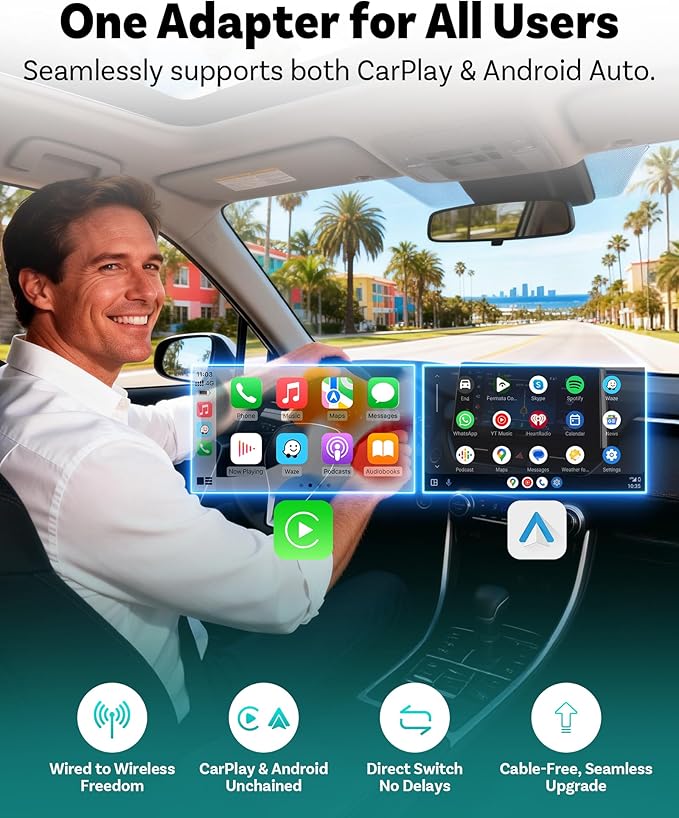 OTTOCAST Mini Pico Wireless CarPlay Adapter, No More Cables, Dual Phone Memory, One-Button Switch, Wi-Fi 6 & Bluetooth 5.4