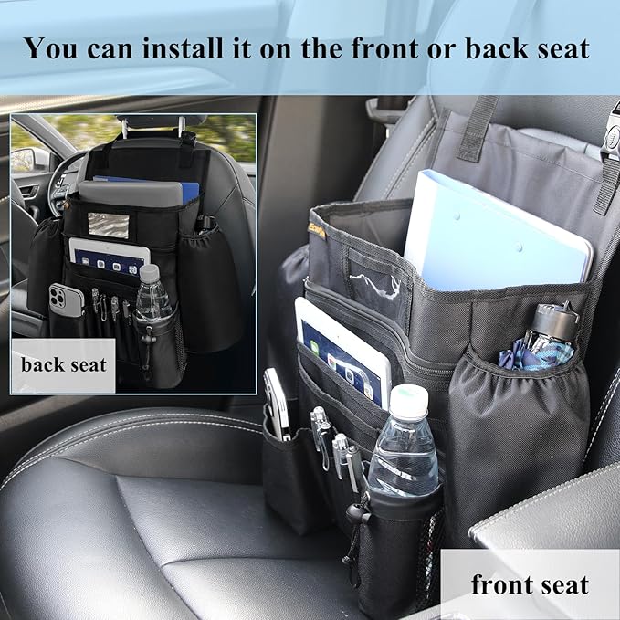 ECWKVN Car Front Seat Organizer - Car File Organizer, Passenger Seat Storage Bag Law Enforcement - Vehicle Storage with Dedicated Laptop Tablet Holder Cup Holder, Black
