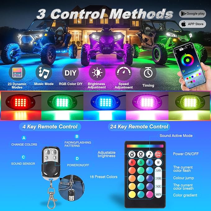 4Pods RGB LED Rock Lights for UTV SXS RZR Can-Am Four Wheeler Side by Side ATV Offroad Golf Cart, Multicolor Underglow Light Kit with APP/RF Remote Music Sync Neon Vehicle Accent Light 12V Waterproof