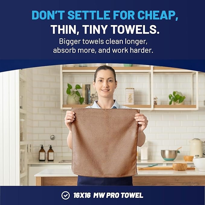 MW Pro Microfiber Cleaning Cloth | Tan | 12 Pack | 16” x 16” | All Purpose Microfiber Towels - Clean, Dust, Polish, Scrub, Absorbent