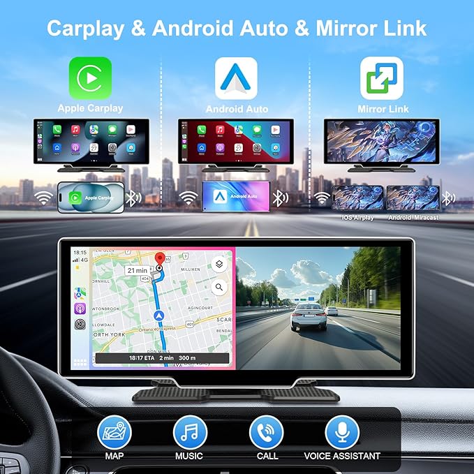 10.26" Wireless Carplay Screen for Car with 4K Dash Cam | Portable Car Play & Android Auto Touch Screen, 1080p Backup Camera, Mirror Link, Voice Control, GPS Navigation | for All Cars