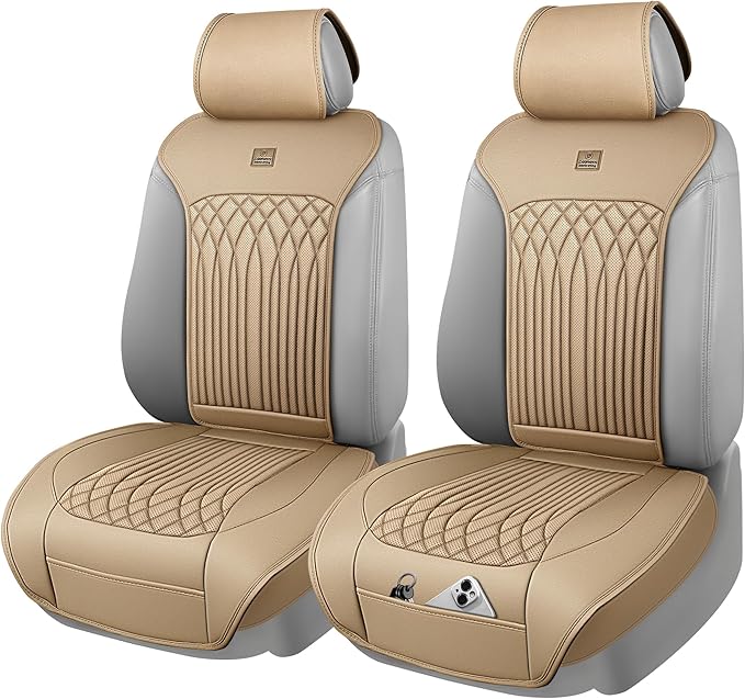 CAR PASS Car Seat Protector, 2 Pack Sideless Nappa Leather Seat Covers for Cars, All Season Waterproof Breathable Front Seats Cushion with Storage Pocket Universal Fit Vehicle Car SUV Truck, All Beige