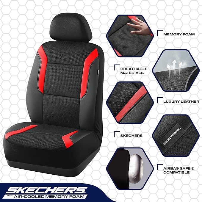 Skechers Memory Foam Car Seat Covers, Air Cool Mesh Thick Seat Covers, Car Seat Full Sets, Airbag Compatible, Automotive Comfort Protection for Most Cars,Vans,Trucks, SUVs,Red