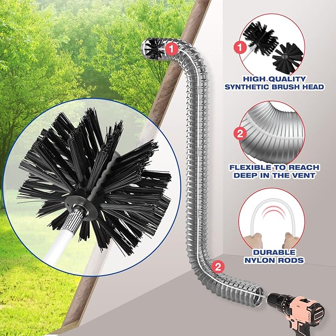 PetOde 42-Feet Dryer Vent Cleaner Kit, Lint Remover，Upgraded Flexible Quick-Snap Brush with Drill Attachment,Extends Up to 42 FEET for Easy Cleaning，Cleaning Tools Use with/Without a Power Drill