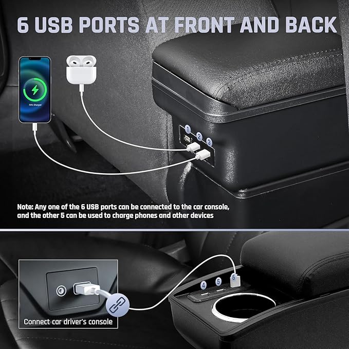 YJYWZH Car Armrest Storage Box for Hyundai Accent Solaris Verna 2017-2020 Double-Layer Car Center Console Armrest Box with 6 USB Ports and Cup Holder for Car Accessories(Black Thread)