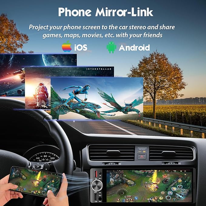 [in‑Cell Touchscreen] 6.36" Single Din Car Stereo with Wireless/Wired CarPlay & Android Auto, 240W DSP Powerful Sound with EQ, MirrorLink, Bluetooth Hands‑Free, 12‑LED Backup Camera, AM/FM Radio
