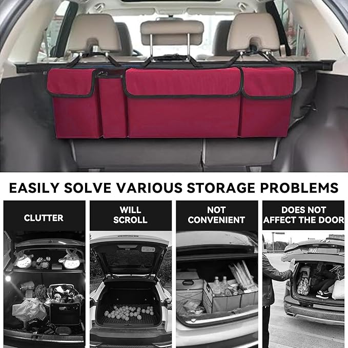 Car Trunk Organizer, Backseat Hanging Large Storage with Adjustable Straps,Waterproof PVC Collapsible Cargo Bag, Car Interior Accessories for Auto SUV MPV (Red)