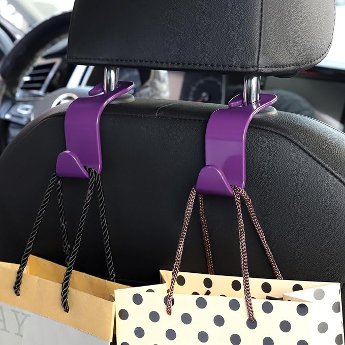 Soleebee 4 Pack Car Headrest Hooks - Universal Auto Hooks, Back Seat Hangers, Storage Organizer (Purple)