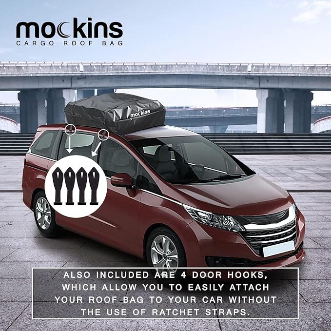 Mockins 25 CuFt Waterproof Rooftop Cargo Bag |60"x43"x17" All-Weather Car Roof Cargo Carrier Bag |Vinyl Car Roof Bag w/Mat, Straps & Door Hooks| Car Top Carrier for Vehicles with or Without Roof Rack