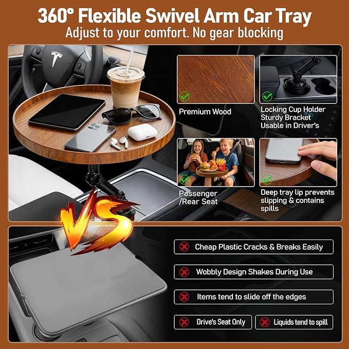Car Food Cup Holder Tray - 360° Rotating Car Table and Car Seat Tray, Detachable Wooden Car Desk for Laptop and Food Tray, Compatible with Tesla Model Y/3/S, Ford F150/Explorer (Brown, 11.8")