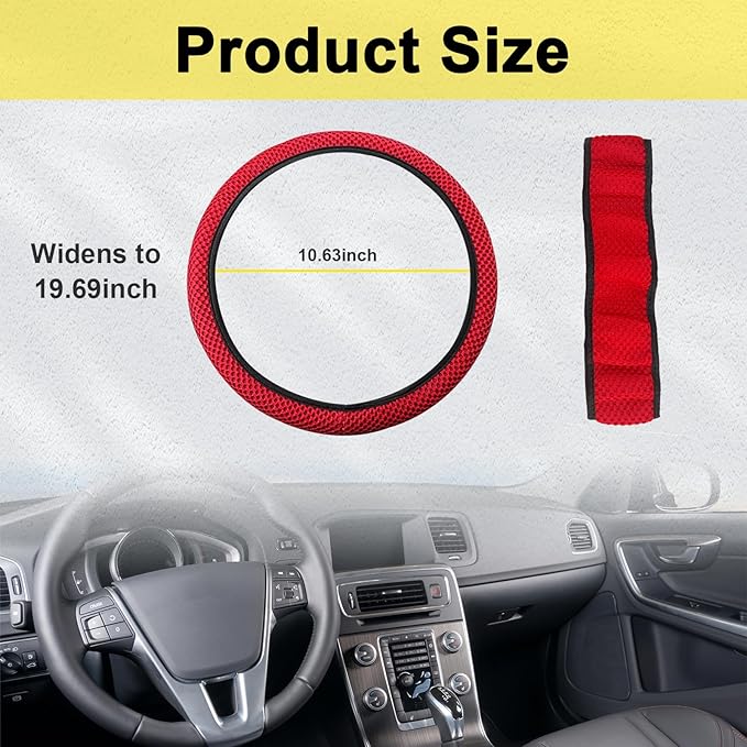 Kewucn Car Elastic Stretch Steering Wheel Cover, Soft Microfiber Breathable Ice Silk, Universal 15 Inch Anti-Slip Auto Steering Wheel Protector, Fit Car, SUV, Van, Sedan, Truck (Red)