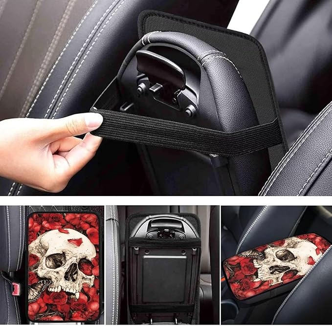 Dreaweet Red Rose Skull Arm Rest Cover for Car Women Spooky Car Accessories Interior Universal Center Console Cover Comfortable Softness Car Armrest Cushion Pad for SUV Trucks Sedan