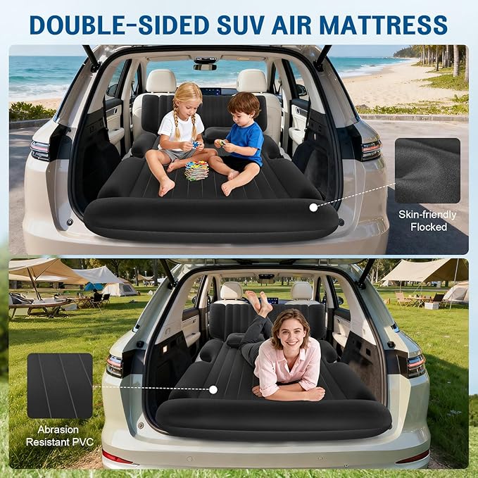SUV Air Mattress - Thickened Car Air Mattress with Electric Pump, Portable Inflatable Car Bed with 2 Pillows, Camping Mattress Back Seat for SUV Trunk, Travel, Home (Black)