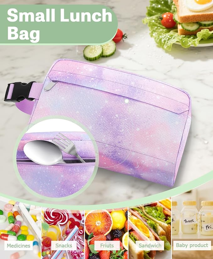 Small Insulated Snack Bag Lunch Bag for Kids Lunch Box for Women/Men, Collapsible [3L/5-Can] Reusable Lunch Bag Cooler Bag for Bottle with Handle Buckle for Work/School/Travel,Pink Starry Sky