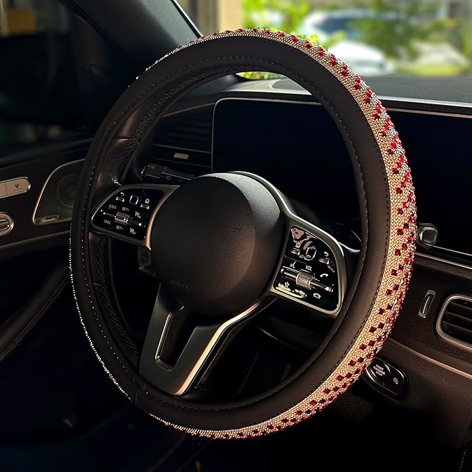 Lord AutoFashion 15 Inch Luxury Universal Steering Wheel Cover Rhinestone Crystals Anti-Slip Microfiber Leather for Women Girls Men Boys Car Accessory Bling Diamonds Red (JX06)