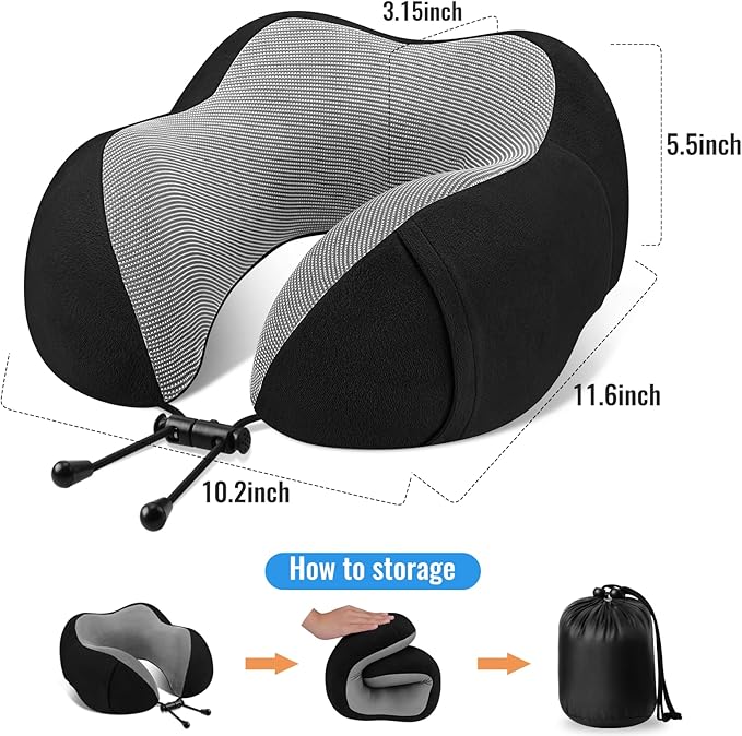 CloudBliss Travel Pillow Premium Memory Foam, Comfortable & Supportive Neck Pillow, Sleeping Neck Pillows for Travel, Airplane Pillow for Sleeping Airplane, Car, Office and Home（Black）