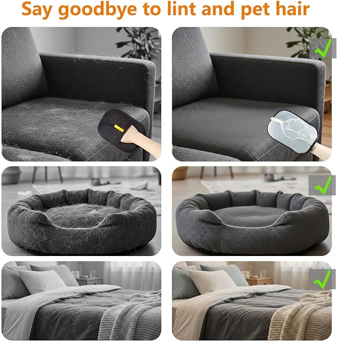 Thickened Pet Hair Removal Glove - Electrostatic Cat Dog Hair Remover Glove, Reusable Magic Brush Pet Hair Remover Tool for Couch, Carpet, and Car Seat (Black, 2 Pack)