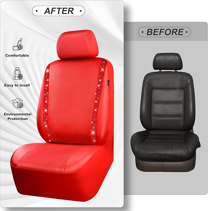 CAR PASS Bling Diamond Car Seat Covers Full Set, Shining Rhinestone Waterproof Faux Leather, Rear with Zipper, Universal Fit Automotive Glitter Crystal Sparkle Strips for Cute Women Girl, Red