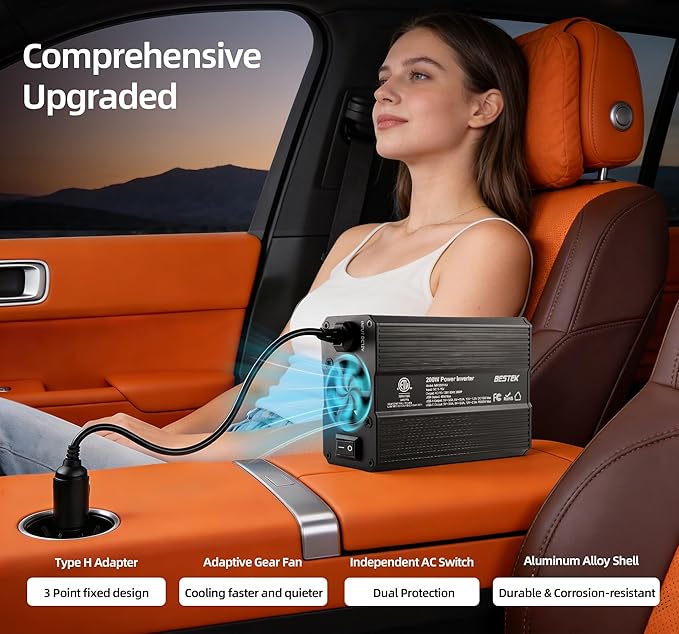BESTEK Power Inverter DC 12V to AC 110V - 200W Car Plug Adapter Outlet PD 30W USB-C & QC18W USB-A Fast Charging Port - Car Charger Cigarette Lighter Adapter for Phone, Laptop - ETL FCC Certified