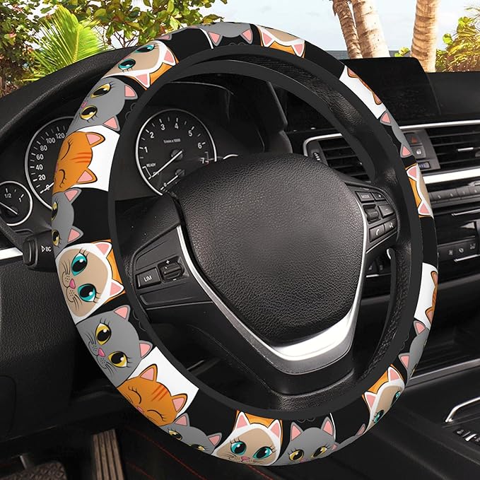 Cartoon Lovely Cats Steering Wheel Covers Universal 15 Inch Car Wheel Cover,Anti-Slip Breathable Car Accessories Protector Fit for Trucks,Sedans,SUVs,Vans
