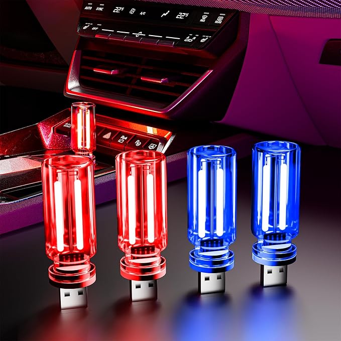 4 PCS USB Night Light, Touch Dimmable Mini USB LED Car Interior Ambient Lights, Portable Plug-in Glass Bottle Night Lamp for Car, Tent, Desk, Bedside(2Red&2Blue)
