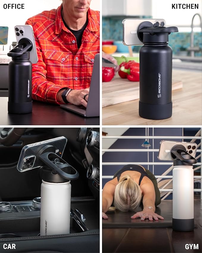 Scosche MFMS22 MagicMount Flask 22 oz Stainless Steel Water Bottle with MagSafe Phone Mount Stand, 12H Hot & 24H Cold Insulated Flask with Magnetic Phone Holder for Gym, Car, Travel, Sports 22oz, Pink