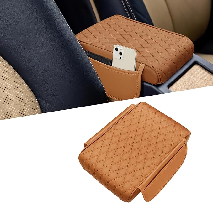 Car Center Console Cover, Napa Leather Car Armrest Cushion with Side Pockets, Memory Foam Auto Armrest Seat Box Mat, Universal Interior Armrest Protective Cover Accessories for Most Vehicle