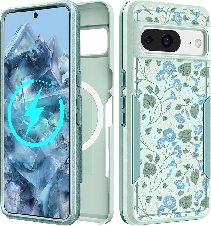 for Google Pixel 8 Case 6.2 Inch - Compatible with MagSafe Women Girls Cute Magnetic Protective Cover Unique Girly Blue Flowers Heavy Duty Shockproof Design for Google Pixel 8 Phone Cases