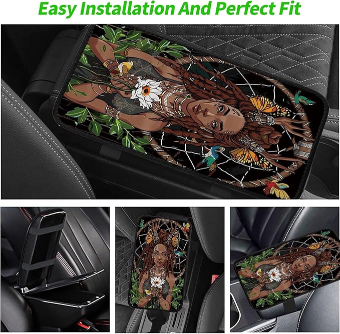 Car Armrest Cover Pads Universal Fashion Cute Auto Center Console Armrest Cover Pad with 2PCS Car Coasters Soft Waterproof Car Armrest Seat Protector for Women, African American Girl