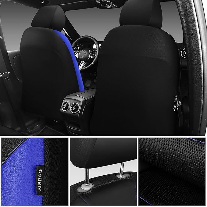 CAR PASS Leather Car Seat Covers Front Seats Only, with Air Mesh Front Seat Covers Breathable, Cool Automotive Seat Cover 2 Pack, Universal Fit Most Cars,SUV,Truck,Van Airbag Compatible(Black & Blue)