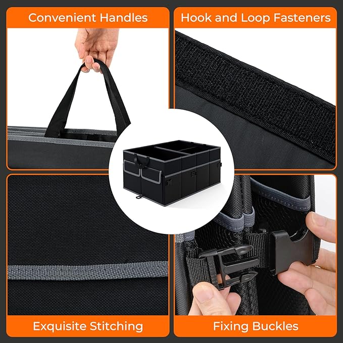 Goplus Collapsible Trunk Organizer, 13 Gallon Foldable Car Storage Organizer with Extenable Compartments, Pockets, Securing Straps, for SUV Van Sedan Truck, 22" x 16" x 10"
