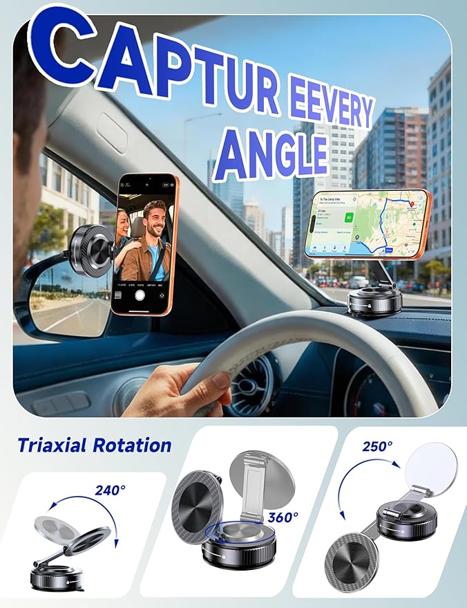Vacuum Magnetic Phone Holders for Your Car [105+LBS Suction & 3800gf Magnetic] Magsafe Car Mount, 360° Adjustable Car Phone Holder Mount for Windshield/Mirror/Kitchen/Gym for iPhone & Android