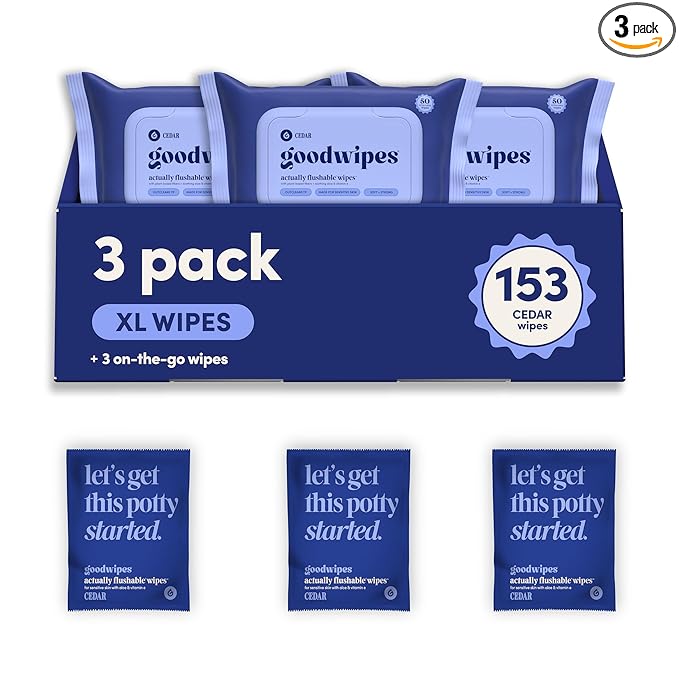 goodwipes Flushable Butt Wipes - Vitamin E & Aloe - Sewer & Septic Safe - Extra Large Adult Wet Wipes For Women & Men - Bathroom Essentials - Cedar, 153 Count (3 Packs + 3 Individually Wrapped)