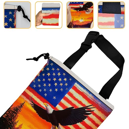 Bald Eagle on American Flag Car Trash Bag,Sunset Mountain Forest Hanging Drawstring Car Garbage Bag,Canvas Car Back Seat Organizer with Adjustable Buckle for Men and Women