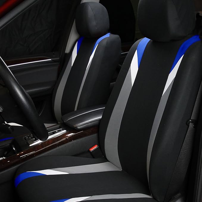 FH Group Car Seat Covers Premium Modernistic Flat Cloth Car Seat Covers Front Seats Only Blue Black, Airbag Compatible Universal Fit Interior Accessories Cars Trucks SUV Car Accessories Protector