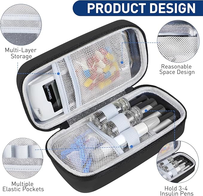 Insulin Cooler Travel Case, Portable EVA Medicine Travel Cooler, Diabetes Case with 2 Reusable Ice Packs TSA Approved for Diabetic Supplies Patent Pending(Black-No Temp)