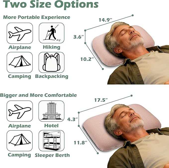 Cooling Camping Pillow, Memory Foam Travel Pillow with Adjustable Buckle Strap & Storage Bag, Compact Small Pillow for Airplane, Car Lumbar, Office, Washable Cooling Cover, Sakura Pink
