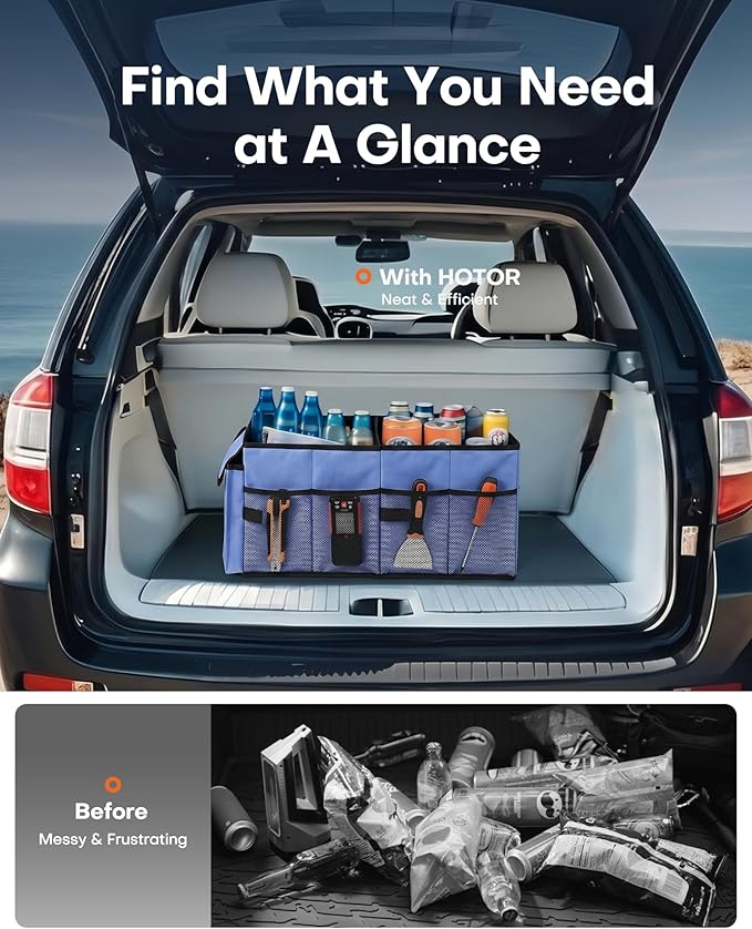 HOTOR Trunk Organizer for Car - Car Organizer, Foldable Trunk organizer for SUVs & Sedans, Sturdy Organization for Car Accessories, Tools, Sundries, Blue, 2 Compartments, 21.3"×12.6"×10.6" | Foldable, Sturdy Organization, for Car Accessories, Tools, Su...