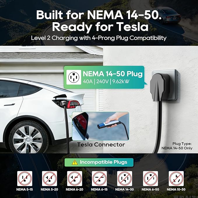 Level 2 EV Charger for Tesla (NACS Connector), 40A 240V NEMA 14-50 Plug, 25FT Cable Portable EV Charger for Home/Outdoor, Adjustable 16-40A with LCD Display, ETL Certified Fast Charging