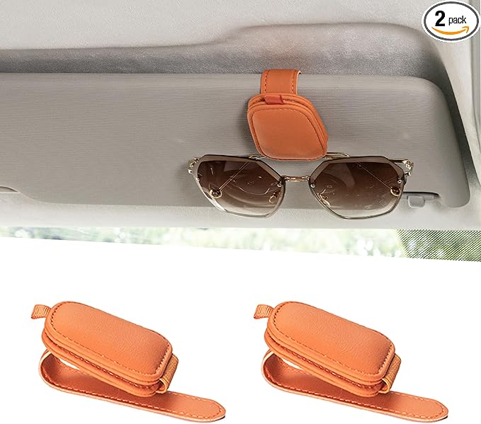 Yuoyar Sunglass Holder for Car, Magnetic Leather Sunglasses Holder and Ticket Card Clip, Car Visor Accessories, 2 Packs (Orange)