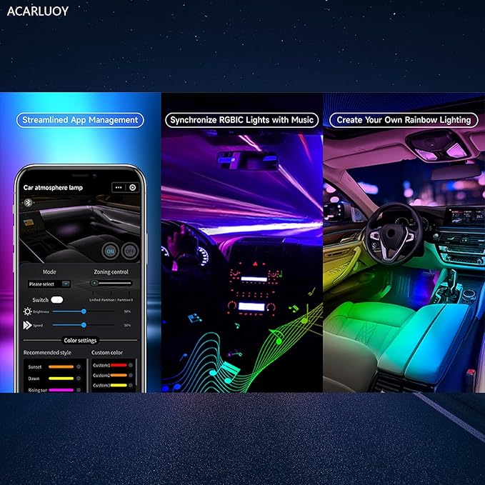 Acrylic Car LED Ambient Light, Fiber Optic Interior Light Strip, 24 Million Types, Ambient Light KKT that Swings with The Melody of Music (Dreamcolor 14 in 1)