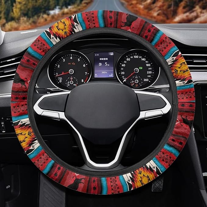 SEANATIVE Car Steering Wheel Cover for Men Breathable Anti Slip Auto Steering Wheel Covers fit Standard Size 15inches, Red Aztec Horse Print