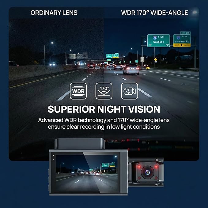 3 Channel Dash Cam 4K+1080P+1080P, 3 Inch IPS Screen, 5.8GHz/2.4G Dual Band WiFi Dash Camera for Cars, 20MB/s Fast Download, Built-in GPS, WDR Night Vision, 170° Wide Angle, G-Sensor, Loop Recording