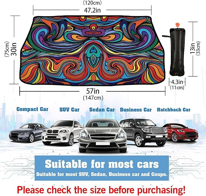 CHILL·TEK Car Windshield Sun Shade Umbrella, Abstract Colorful Foldable Umbrella Sunshade for Front Window UV Reflector Protection Auto Shades Cover blue 1 57x31 In