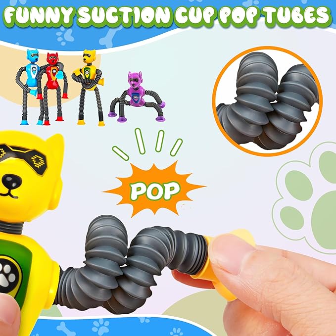 4PC Robot Dog Sensory Pop Tube Travel Toys for Boys Toddler Kid Airplane Car Toy Activities Autistic Road Trip Suction Tube for Boy 3 - 8 ADHD Autism Easter Basket Stuffers Valentine Gift