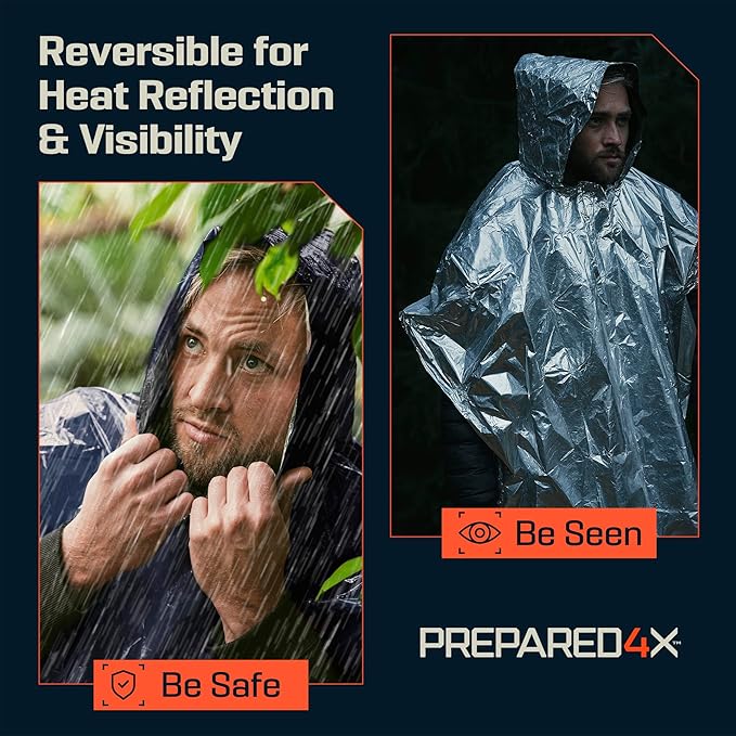 PREPARED4X Emergency Mylar Poncho – Survival Rain Poncho with Hood – Lightweight, Compact, Reusable Emergency Blanket Poncho for Hiking, Camping, Thermal Gear, Car Kit, Outdoors